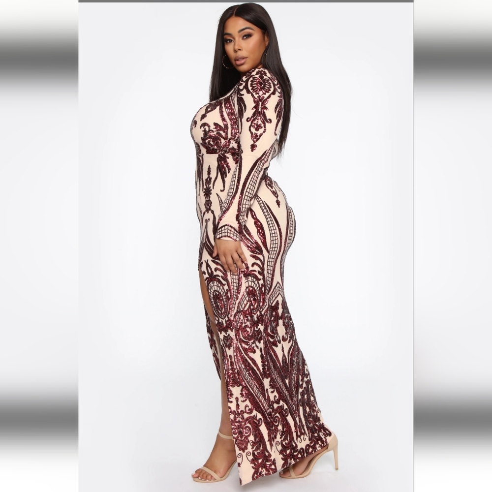 Fashion Nova Burgandy Sequin Maxi Formal Gown Sz 2X